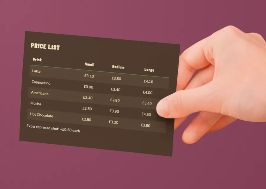 The ByteBrew price list card